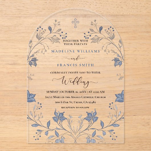 Invitations En Acrylique elegant blue foliage religious wedding (Recto)