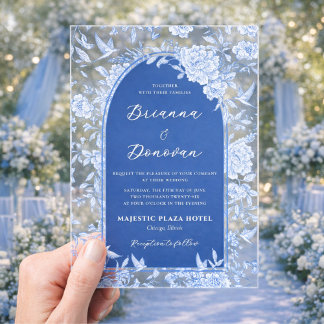 Invitations En Acrylique Elegant Blue & White Botanical Bird Wedding