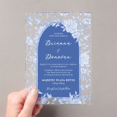 Invitations En Acrylique Elegant Blue & White Botanical Bird Wedding (In situ (ordinateur de poche))