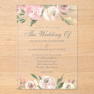 Invitations En Acrylique Elégant Blush rose ivoire floral de printemps mari