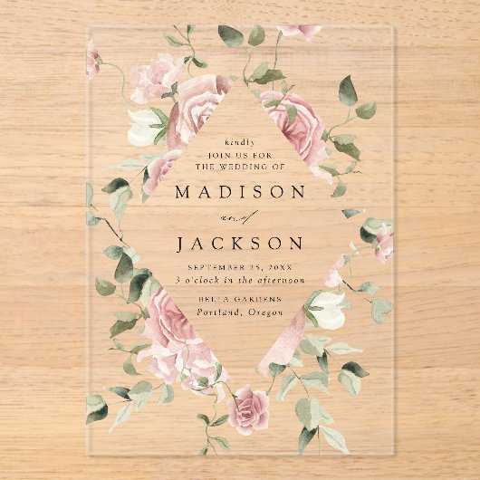 Invitations En Acrylique Elégant Blush Roses et Mariage de verdure (Recto)