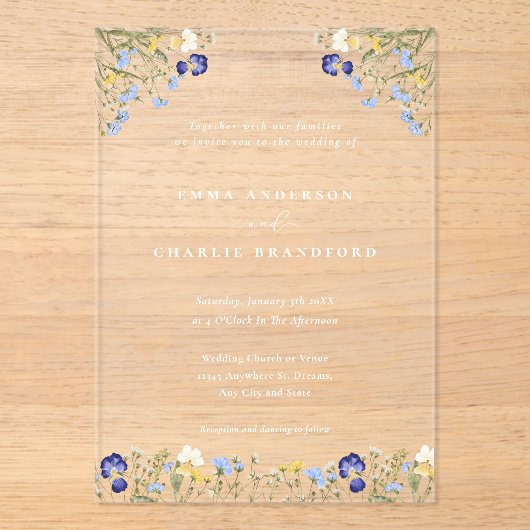 Invitations En Acrylique Élégant Boho Botanique fleur sauvage Script Mariag (Recto)