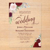 Invitations En Acrylique Elégant Boho Bourgogne & Blush Roses Mariage fanta (Recto)
