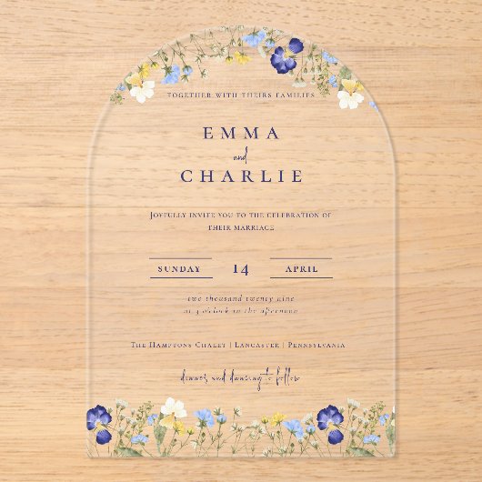 Invitations En Acrylique Elegant Boho Fleur sauvage bleu Mariage de script (Recto)