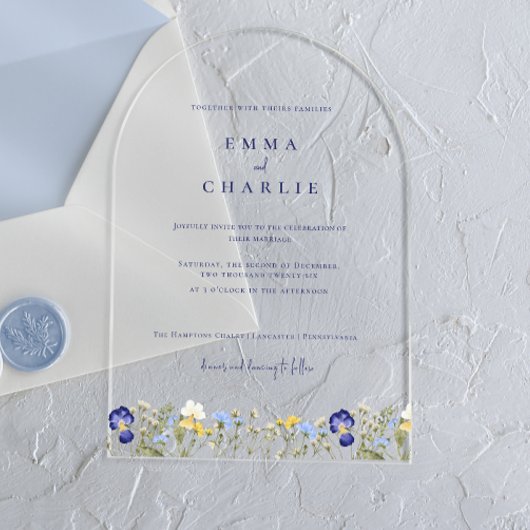 Invitations En Acrylique Elegant Boho Fleur sauvage bleu Script Mariage Acr