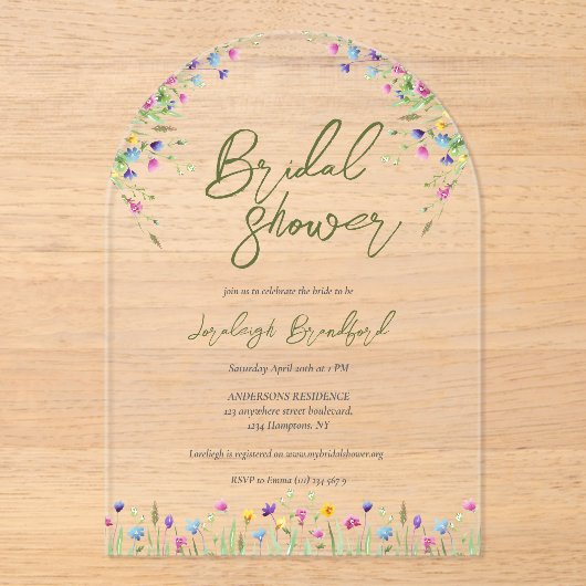 Invitations En Acrylique Élégant Boho fleurs sauvages Script douche nuptial (Recto)