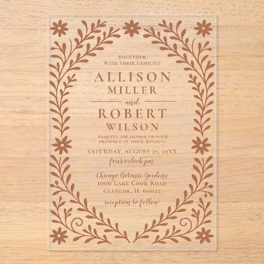 Invitations En Acrylique Élégant Boho Terracotta Mariage floral (Recto)