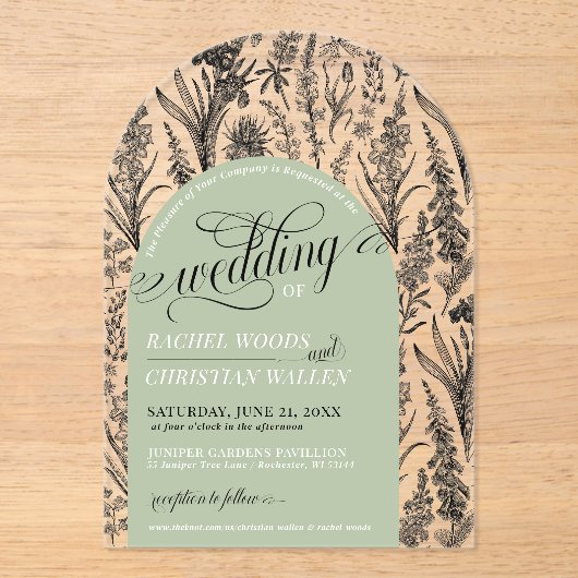 Invitations En Acrylique Élégant Botanique Sage Vert Unique Arc Mariage (Recto)