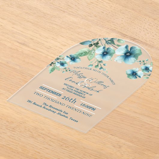 Invitations En Acrylique Elégant Botanique Verdure Bleu Floral Mariage (Poser)