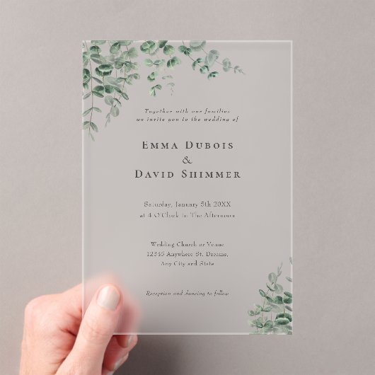 Invitations En Acrylique Élégant Botanique vert simple Mariage de script (In situ (ordinateur de poche))