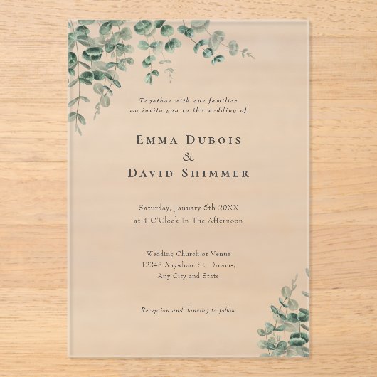 Invitations En Acrylique Élégant Botanique vert simple Mariage de script (Recto)