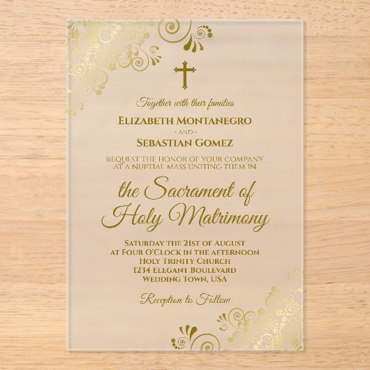 Invitations En Acrylique Elégant boucles d'or élégant moderne Mariage catho (Recto)
