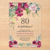 Invitations En Acrylique Elégant Bourgogne rose or floral 80e anniversaire (Recto)