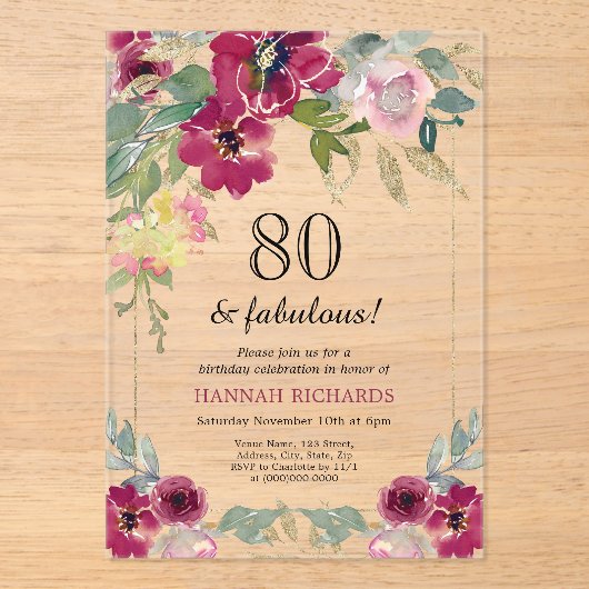 Invitations En Acrylique Elégant Bourgogne rose or floral 80e anniversaire (Recto)