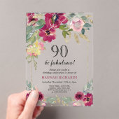 Invitations En Acrylique Elégant Bourgogne rose or floral 90e anniversaire (In situ (ordinateur de poche))