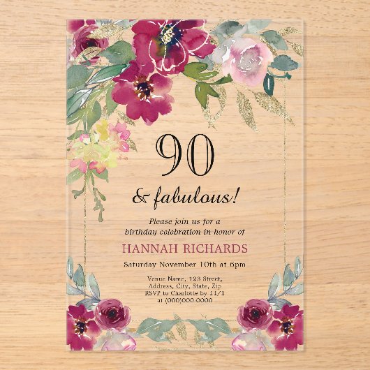 Invitations En Acrylique Elégant Bourgogne rose or floral 90e anniversaire (Recto)