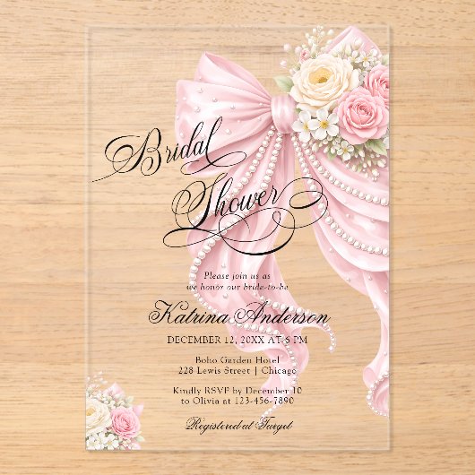 Invitations En Acrylique Elegant Bow Pink Floral Bridal Shower (Recto)