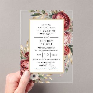 Invitations En Acrylique Élégant Burgundy Blush Botanical Floral Mariage