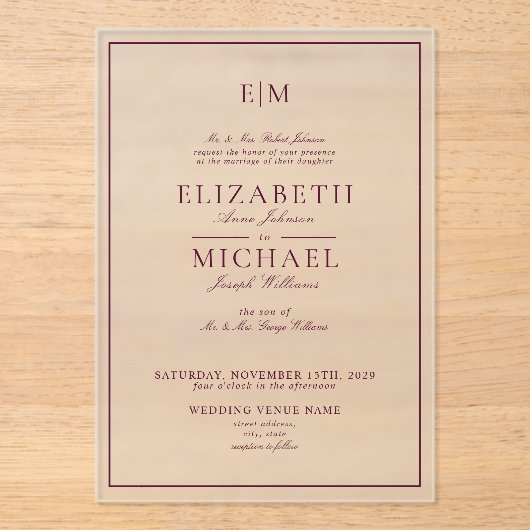 Invitations En Acrylique Élégant Burgundy Classic Script Monogram Mariage (Recto)