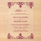 Invitations En Acrylique Elegant Burgundy Damask Islamic Wedding (Recto)