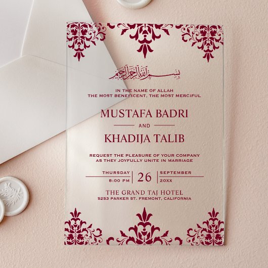 Invitations En Acrylique Elegant Burgundy Damask Islamic Wedding