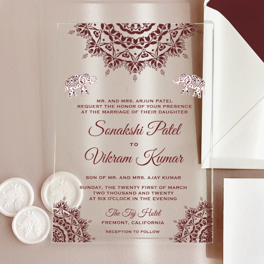 Invitations En Acrylique Elegant Burgundy Henna Indian Wedding