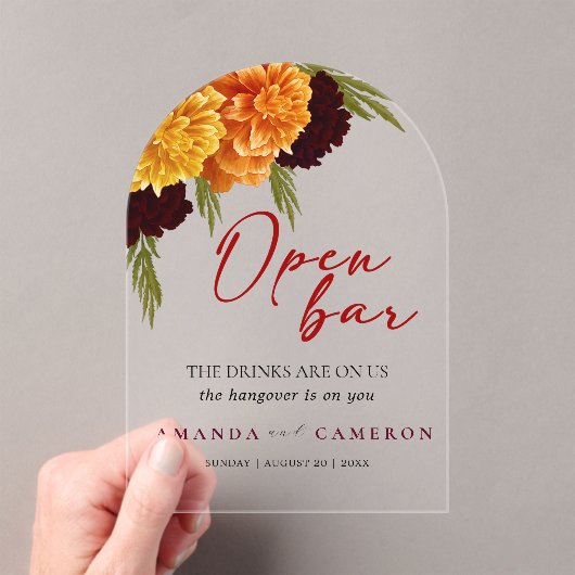 Invitations En Acrylique Elegant Burgundy Red "MARIGOLD" Wedding Open Bar (In situ (ordinateur de poche))