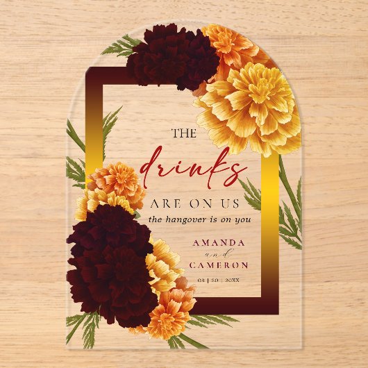 Invitations En Acrylique Elegant Burgundy Red "MARIGOLD" Wedding The Drink (Recto)