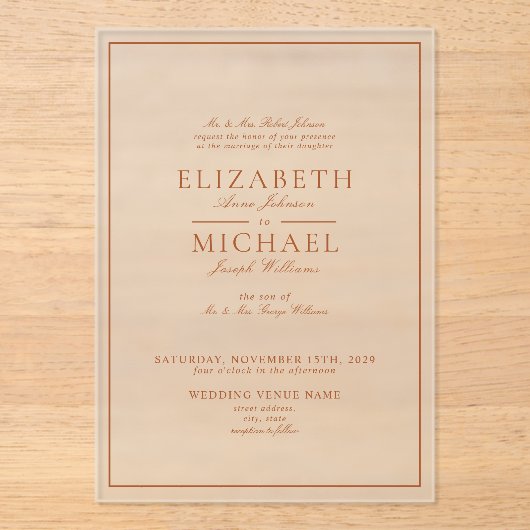 Invitations En Acrylique Élégant Burnt Orange Classic Script Mariage (Recto)