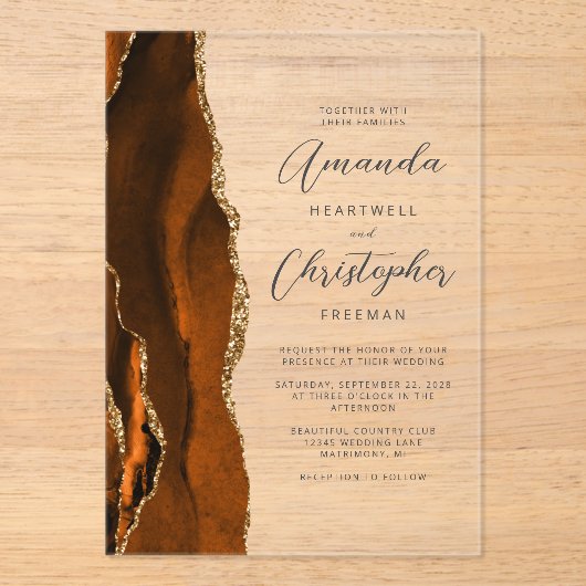 Invitations En Acrylique Élégant Burnt Orange Gold Agate Mariage de script (Recto)