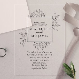Invitations En Acrylique Élégant Cadre Botanique Noir Mariage