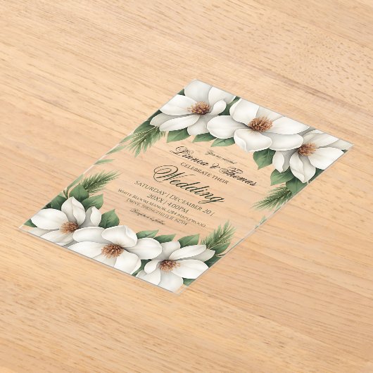 Invitations En Acrylique Elégant cadre de pin Mariage Magnolia blanc (Poser)