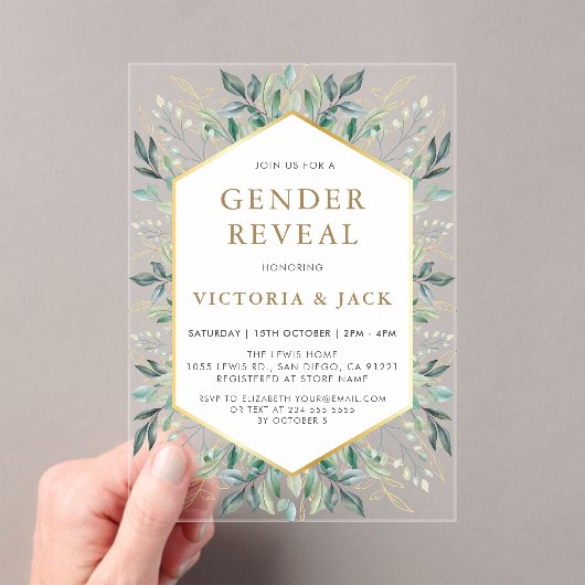 Invitations En Acrylique Elégant cadre de verdure or Genre Révélation (In situ (ordinateur de poche))