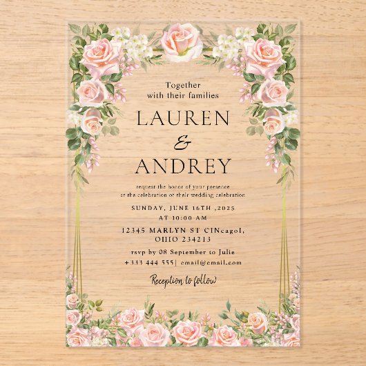 Invitations En Acrylique Élégant Cadre Doré Mariage  (Recto)