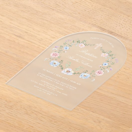 Invitations En Acrylique Élégant cadre floral Baptême (Poser)