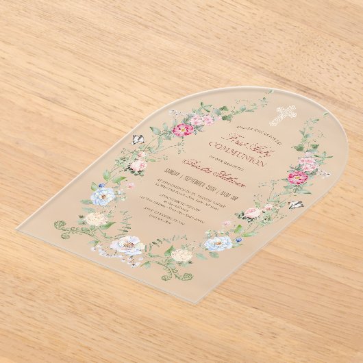 Invitations En Acrylique Elégant cadre floral Première communion sainte (Poser)