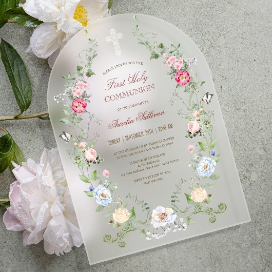 Invitations En Acrylique Elégant cadre floral Première communion sainte