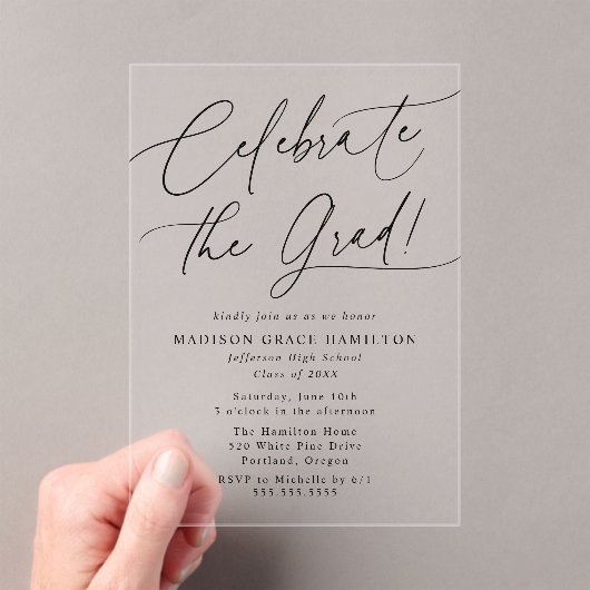Invitations En Acrylique Elégant Célébrer la Grad Black Script Grad (In situ (ordinateur de poche))