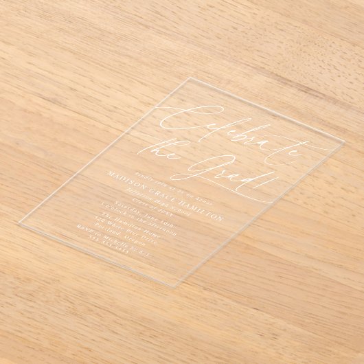 Invitations En Acrylique Elégant Célébrer la Grad White Script Grad Grad (Poser)