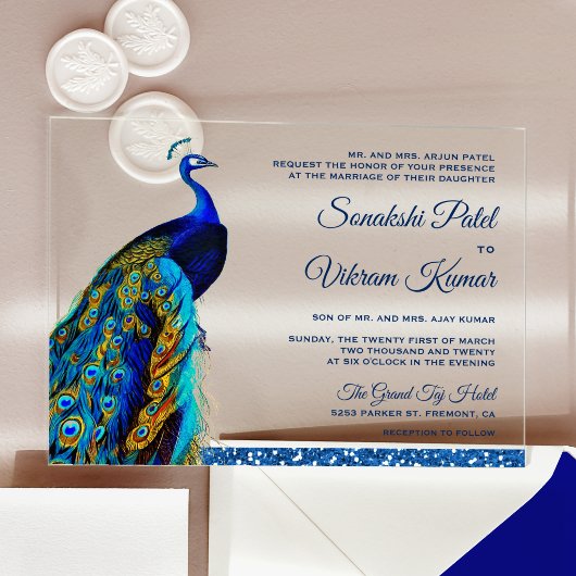 Invitations En Acrylique Elegant Chic Blue Glitter Peacock Indian Wedding