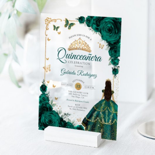 Invitations En Acrylique Elegant Chic Emerald Green Roses Gold Quinceanera 