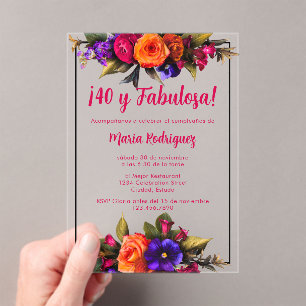 Invitations En Acrylique Élégant Chic Fleurs Vives 40e Anniversaire Espagno