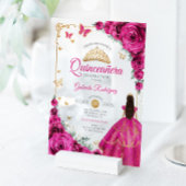 Invitations En Acrylique Elegant Chic Fuchsia Pink Roses Gold Quinceanera