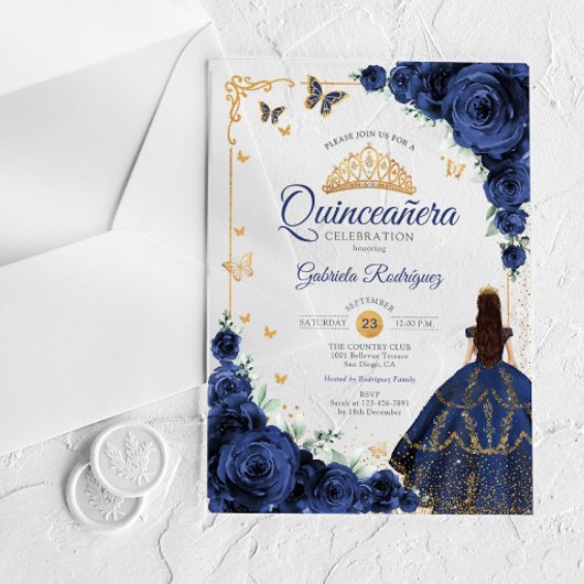 Invitations En Acrylique Elegant Chic Navy Roses Gold Quinceanera