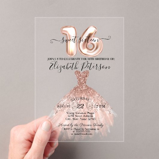 Invitations En Acrylique Élégant Chic Rose Gold Robe Confetti Sweet 16 (In situ (ordinateur de poche))