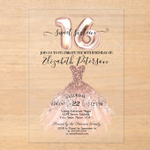 Invitations En Acrylique Élégant Chic Rose Gold Robe Confetti Sweet 16 (Recto)