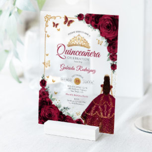 Invitations En Acrylique Élégant Chic Roses Bourguignon Or Quinceanera