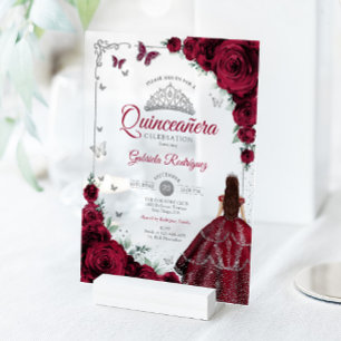 Invitations En Acrylique Élégant Chic Roses Bourguignon Quinceanera Argenté