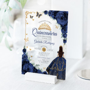 Invitations En Acrylique Elégant Chic Roses Navies Or Quinceanera