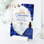 Invitations En Acrylique Elegant Chic Royal Blue Roses Gold Quinceanera
